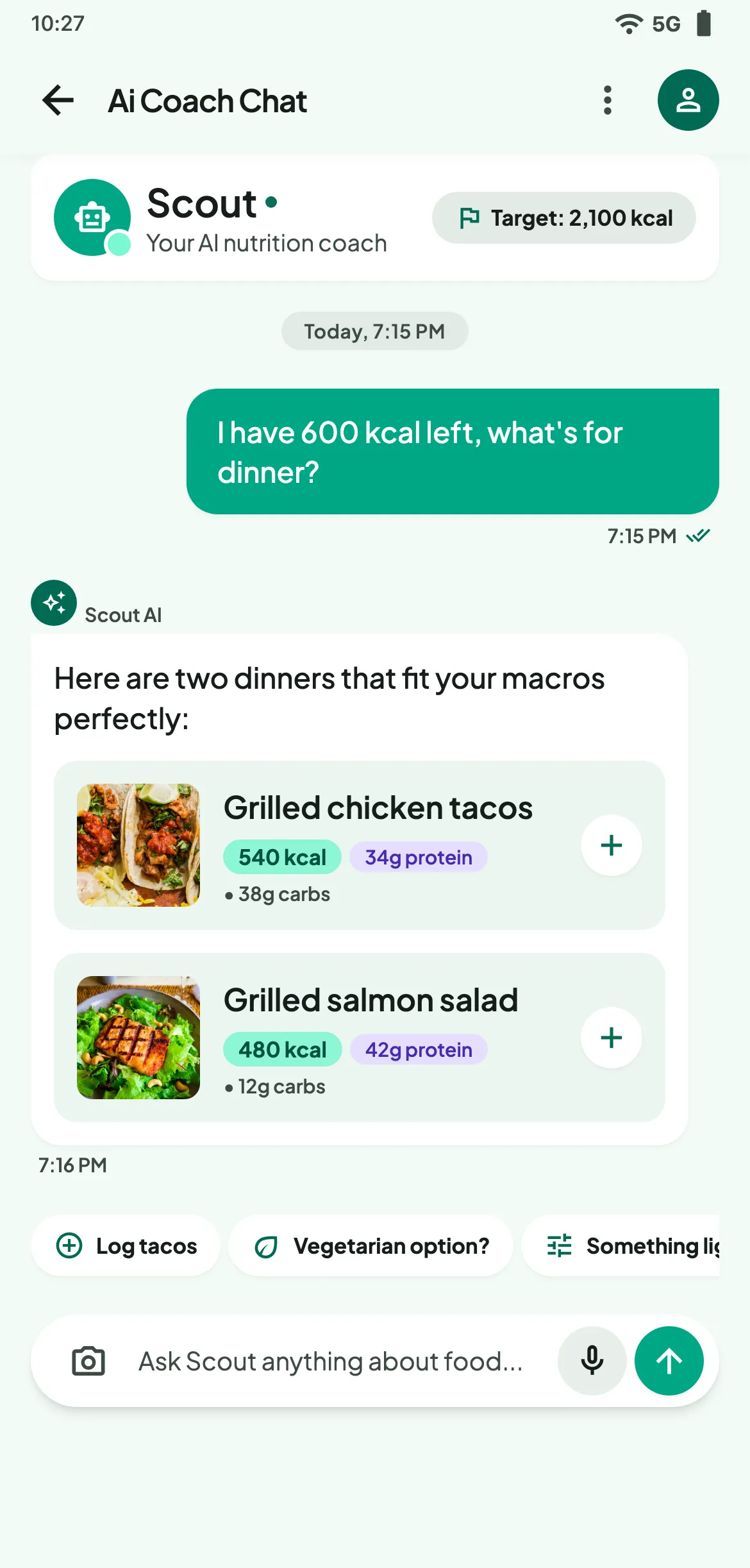 MacroScout AI coach chat suggesting a meal with a one-tap log button