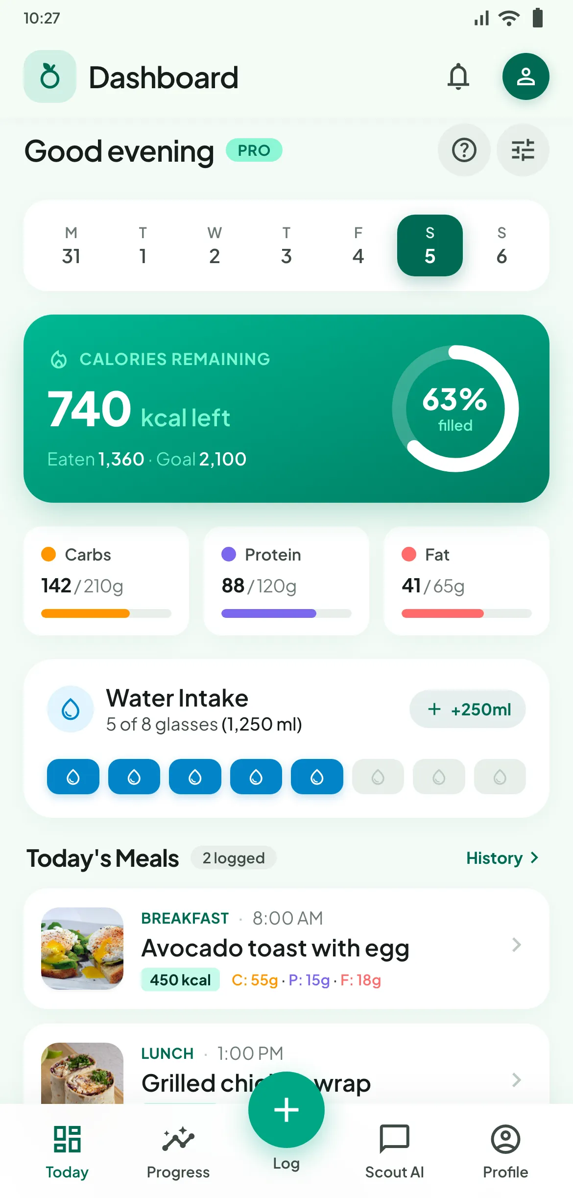 MacroScout dashboard showing 740 calories left, macro progress bars, water intake and today's meals