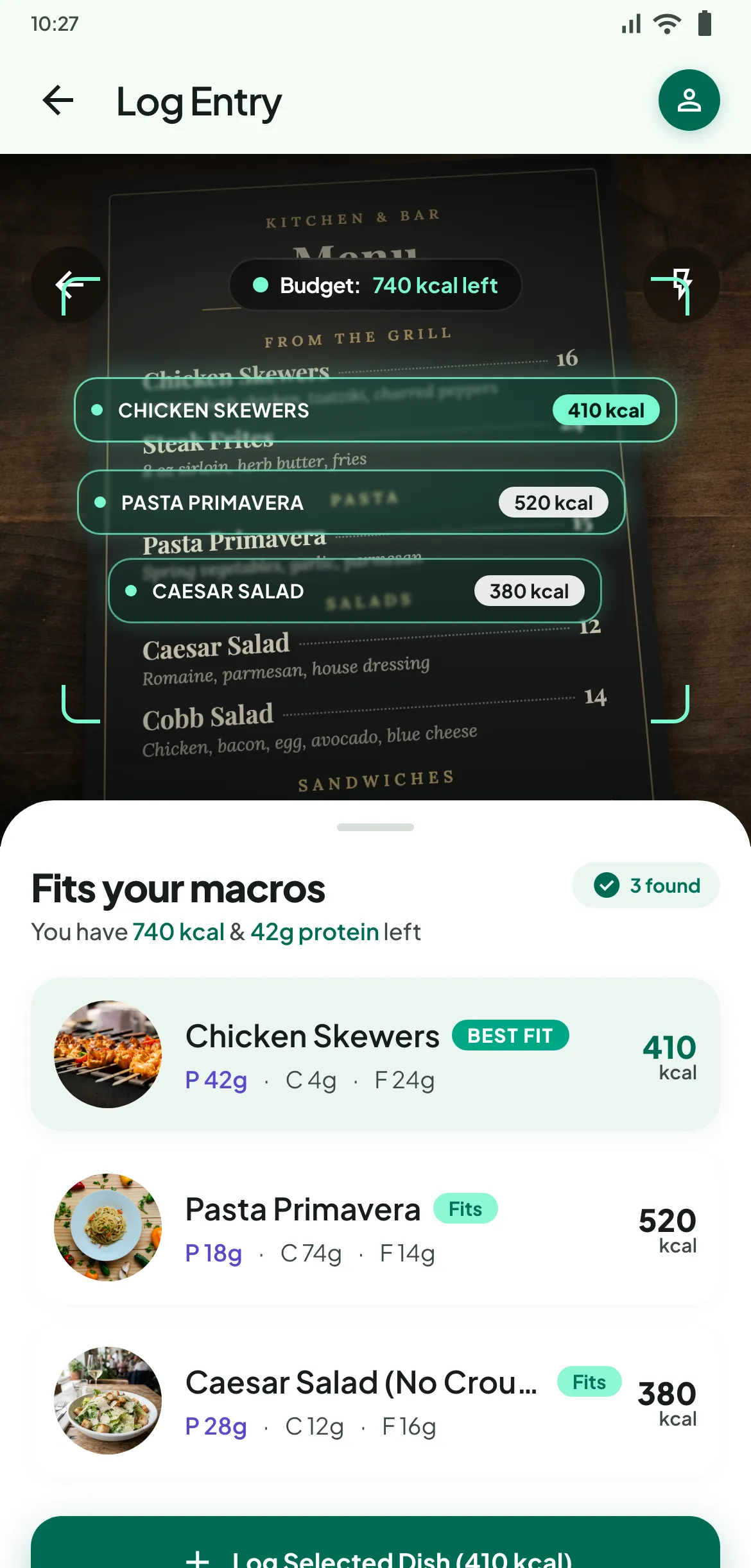 MacroScout's menu scan ranking three restaurant dishes against 740 calories and 42 g of protein left for the day