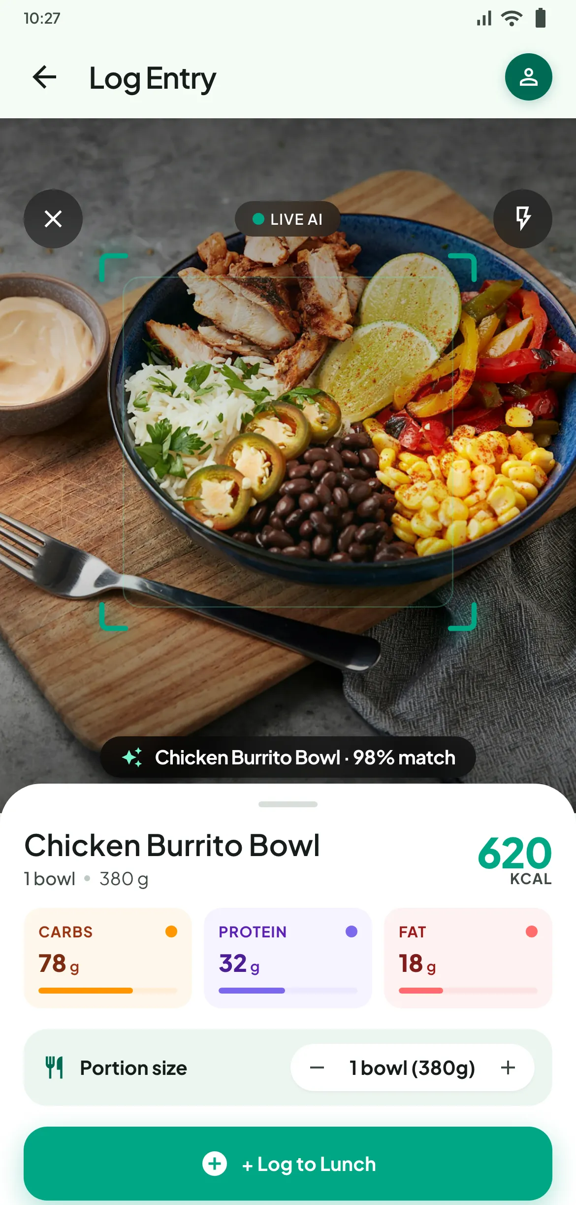 MacroScout estimating the calories and macros in a photographed meal