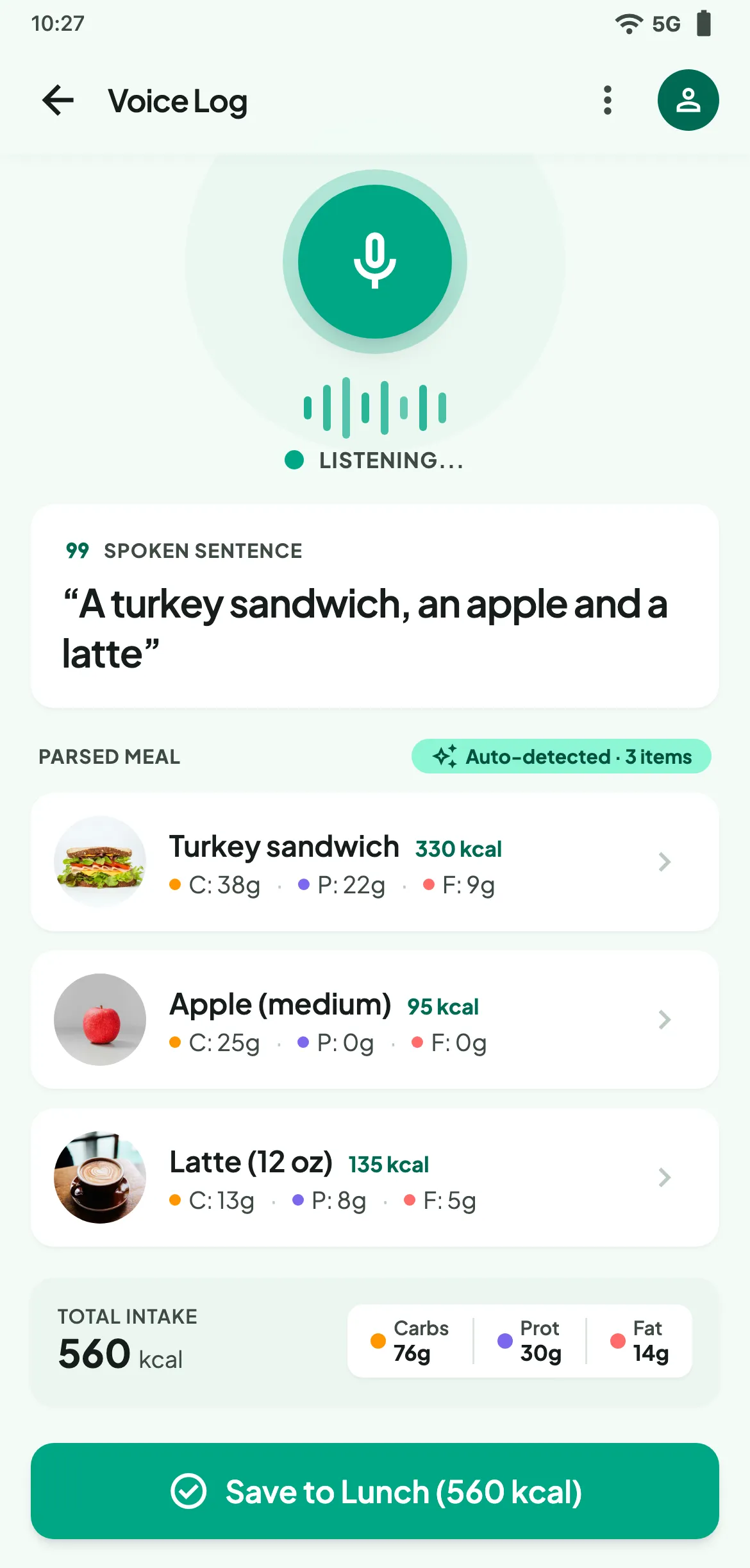 MacroScout voice logging screen turning a spoken meal description into a log entry